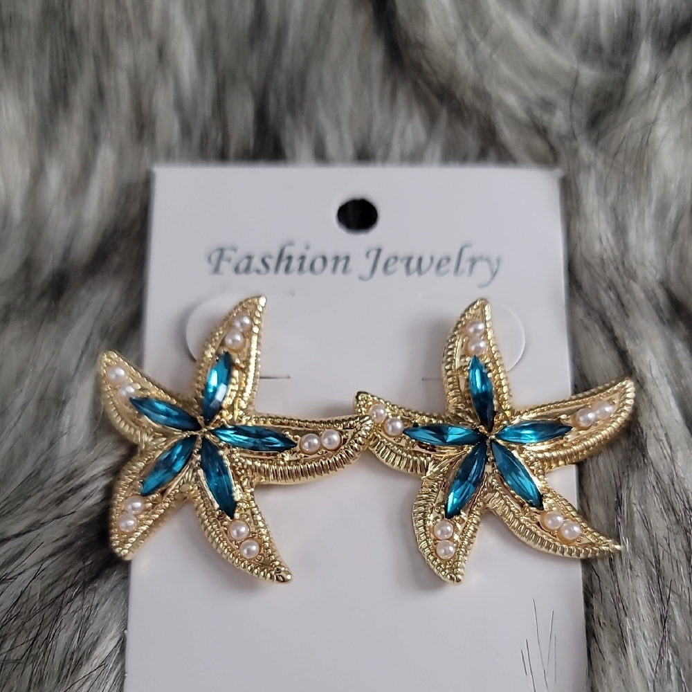 Gold and Blue Starfish Earrings - Picture 2 of 6